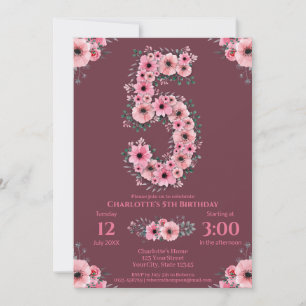 Invitation 5e Grand Anniversaire Fleurs roses Volage vert