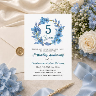 Invitation 5ème anniversaire de mariage surprise fleurs bleue