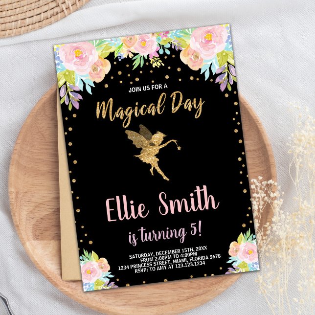 Invitation 5ème Floral rose magique Fée Anniversaire Invitati (5th Floral Pink Magical Fairy Birthday Invitations)