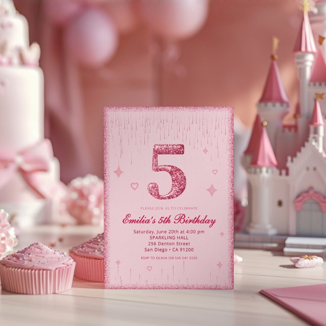 Invitation 5th Pink Glitter Birthday | Sparkle Glitter (Créateur téléchargé)