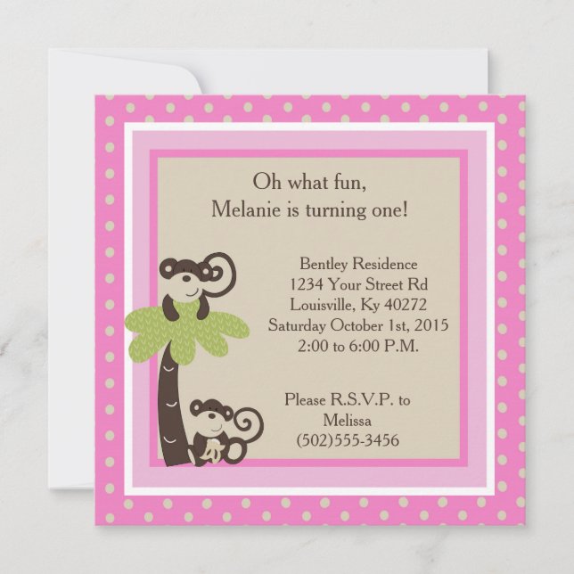 Invitation 5x5 Pink Mod Monkey Heure de l'invitation d'annive (Devant)