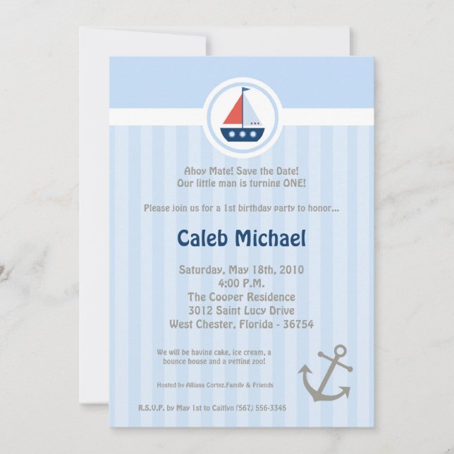 Invitation 5x7 Ahoy Nautical Sail Boat Anniversaire Invitatio (Devant)