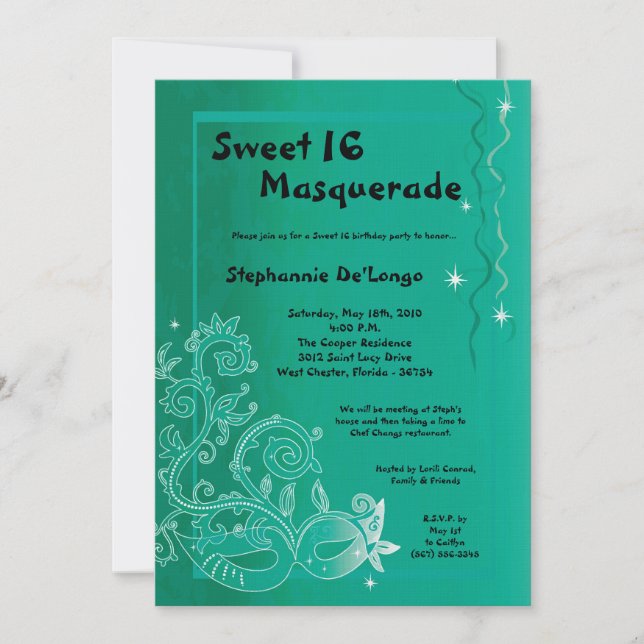 Invitation 5x7 Aqua Masquerade Sweet 16 Anniversaire Invitati (Devant)