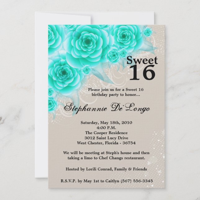 Invitation 5x7 Aqua Roses Floral Sweet 16 Anniversaire Invita (Devant)