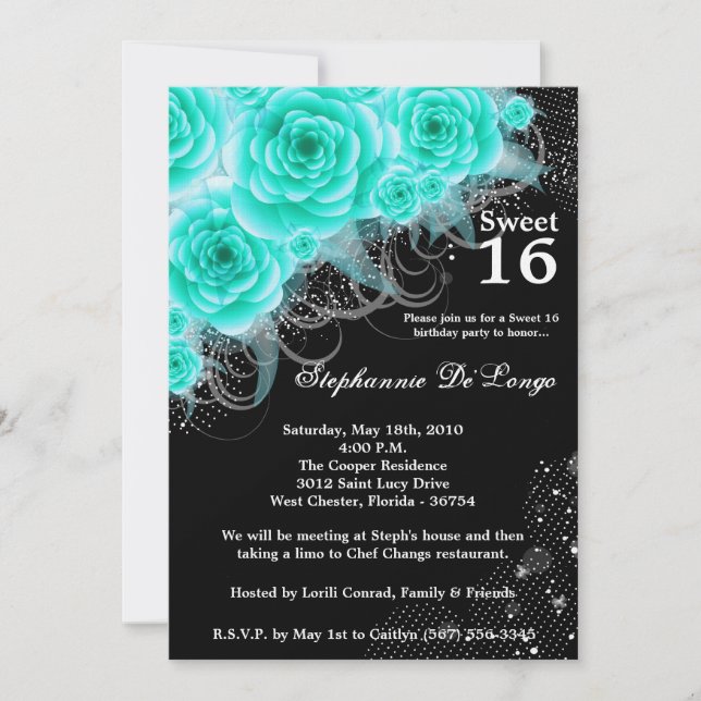 Invitation 5x7 Aqua Roses Floral Sweet 16 Anniversaire Invita (Devant)