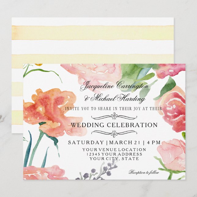 Invitation 5x7 Aquarelle moderne Rose Mariage de fleurs (Devant / Derrière)