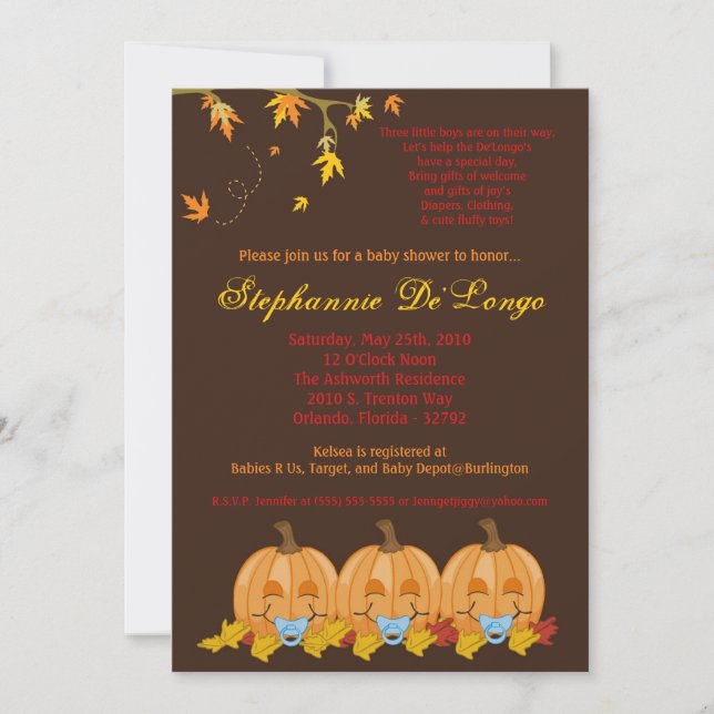 Invitation 5x7 Automne Feuilles TRIPLET Boy Baby shower Invit (Devant)