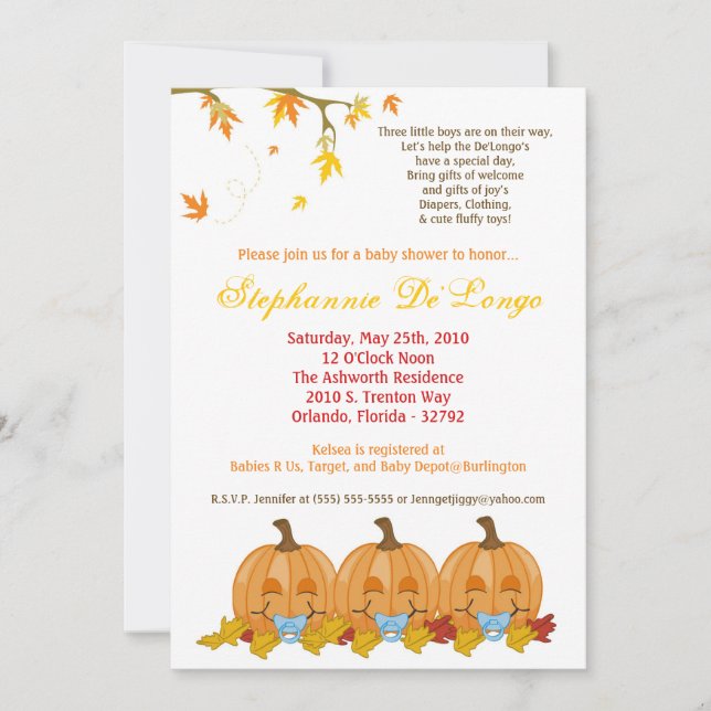 Invitation 5x7 Automne Feuilles TRIPLET Boy Baby shower Invit (Devant)