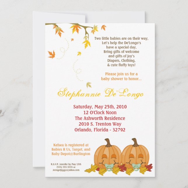 Invitation 5x7 Automne Leaves TWIN TWINS Baby shower Invitati (Devant)