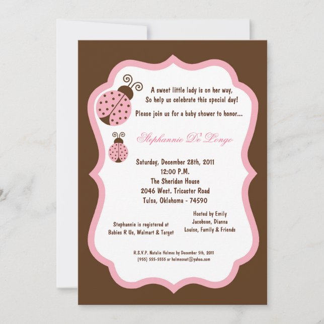 Invitation 5x7 Baby shower Brown Lady Bug (Devant)
