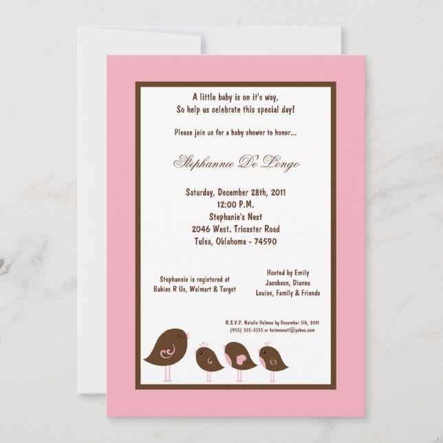 Invitation 5x7 Baby shower d'oiseaux rose clair (Devant)