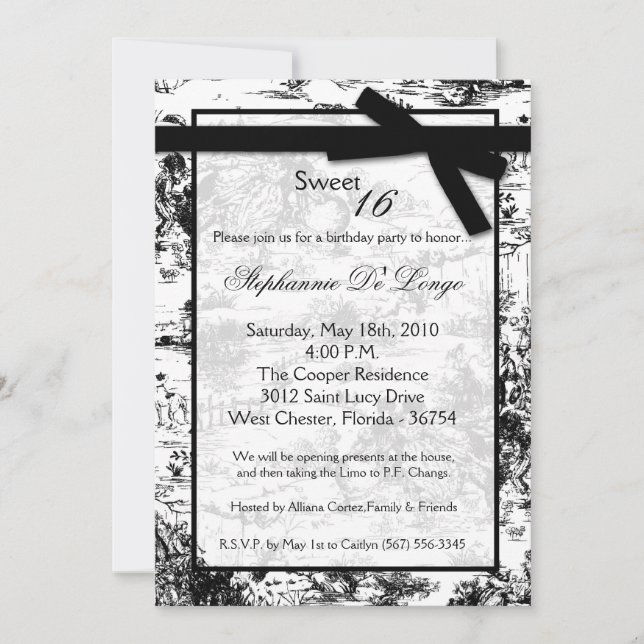 Invitation 5x7 Black ToileFabric Sweet 16 Anniversaire Invita (Devant)