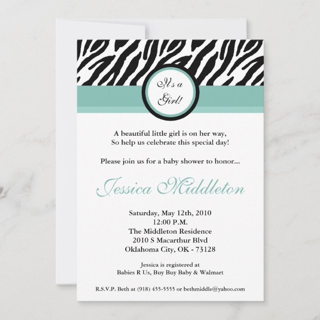 Invitation 5x7 Blu Zebra Princesse Baby Shower (Devant)