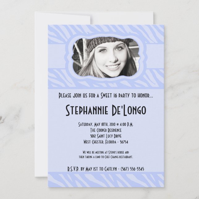 Invitation 5x7 Blue Zebra PHOTO Sweet 16 Anniversaire Invitat (Devant)