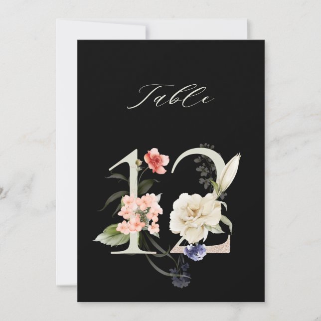Invitation 5x7 Botanical Floral Number 12, Black Table Number (Devant)