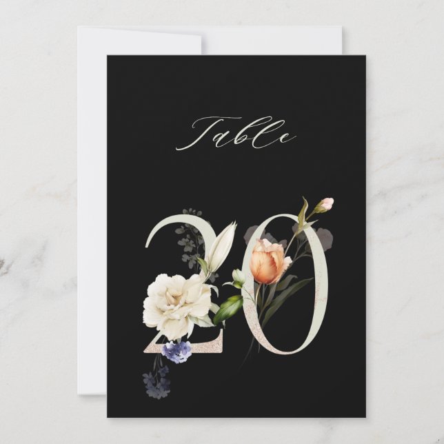 Invitation 5x7 Botanical Floral Number 20, Black Table Number (Devant)