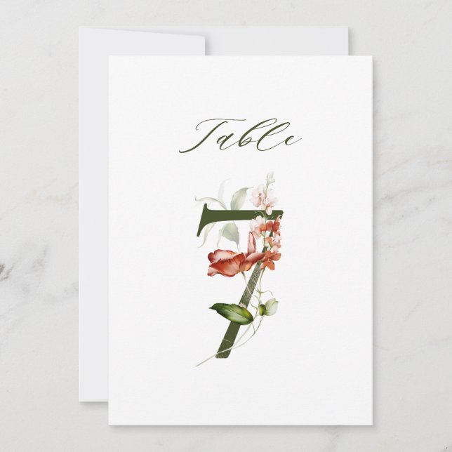 Invitation 5x7 Botanical Floral Number 7, Table Number (Devant)