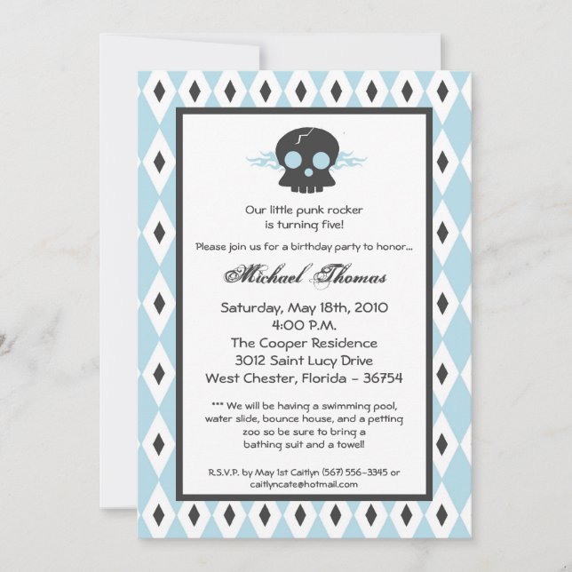 Invitation 5x7 Boy Punk Skull EMO Anniversaire de fête (Devant)