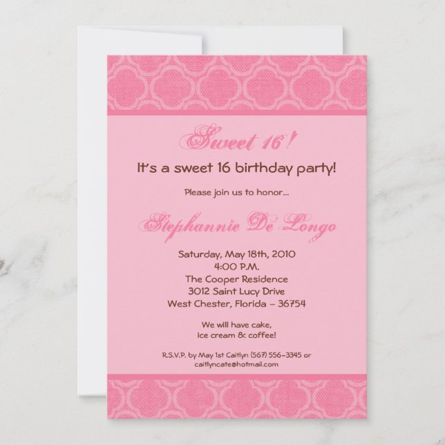Invitation 5x7 Bubblegum Damask Sweet 16 Anniversaire Invitat (Devant)