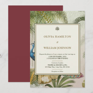 Invitation 5x7 Burgandy Tropical Peacock Mariage