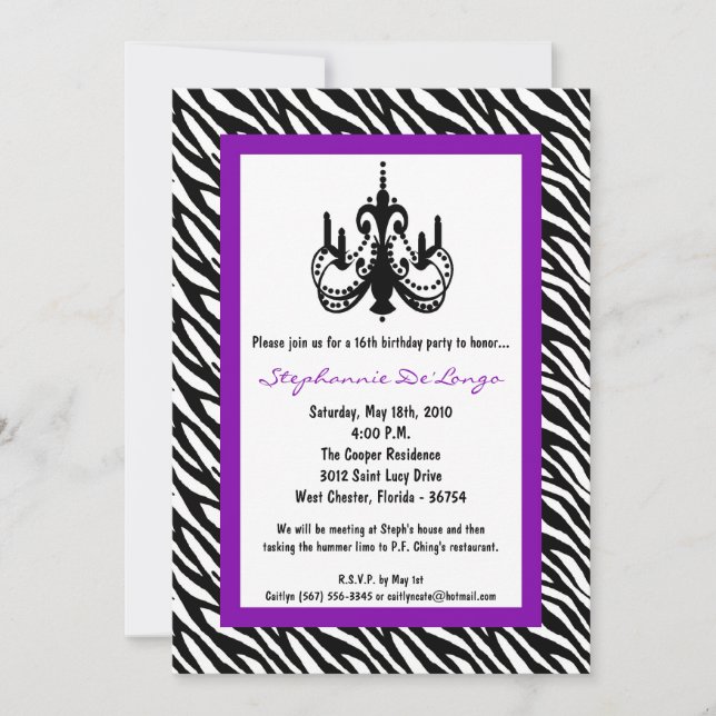 Invitation 5x7 Chandelier Purp Zebra 16e anniversaire Invitat (Devant)