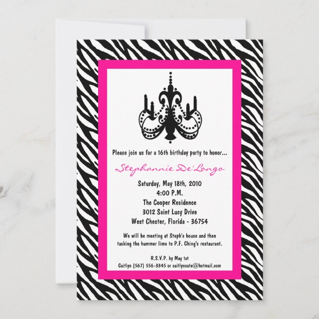 Invitation 5x7 Chandelier rose Zebra 16e anniversaire Invitat (Devant)