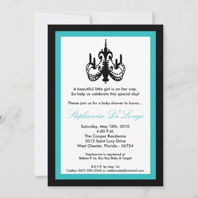 Invitation 5x7 Chandelier Turquoise Turquoi Baby shower Invit (Devant)