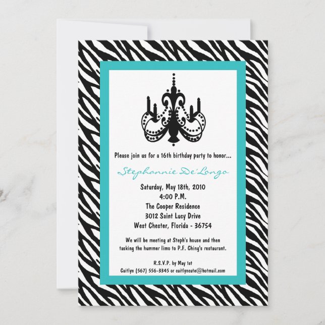 Invitation 5x7 Chandelier Turquoise Zebra 16e anniversaire In (Devant)