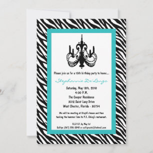 Invitation 5x7 Chandelier Turquoise Zebra 16e anniversaire In