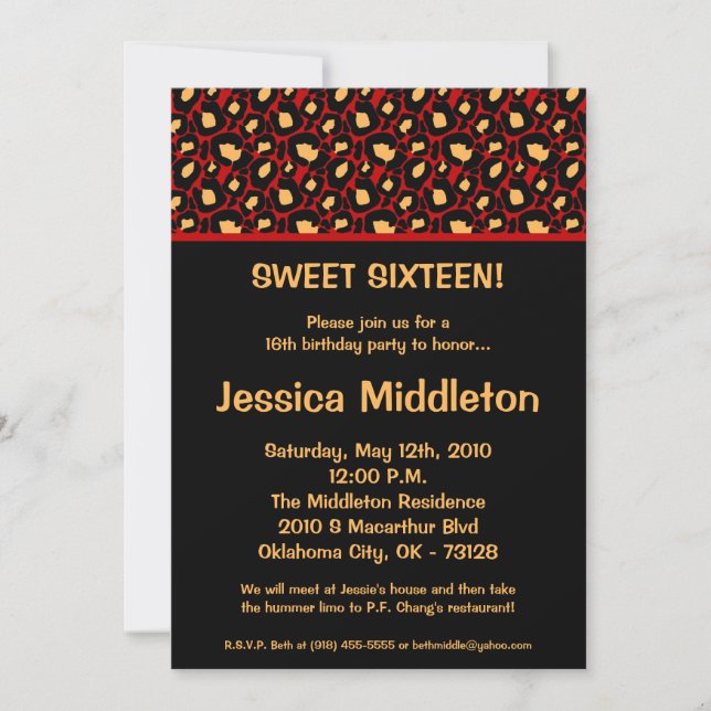 Invitation 5x7 Crimson Red Cheetah 16e anniversaire Invitatio (Devant)