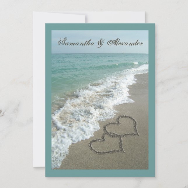 Invitation 5x7 Custom Sand Hearts Beach Destination Mariage (Devant)