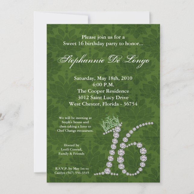 Invitation 5x7 Diamond Emerald Sweet 16 Anniversaire Invitati (Devant)
