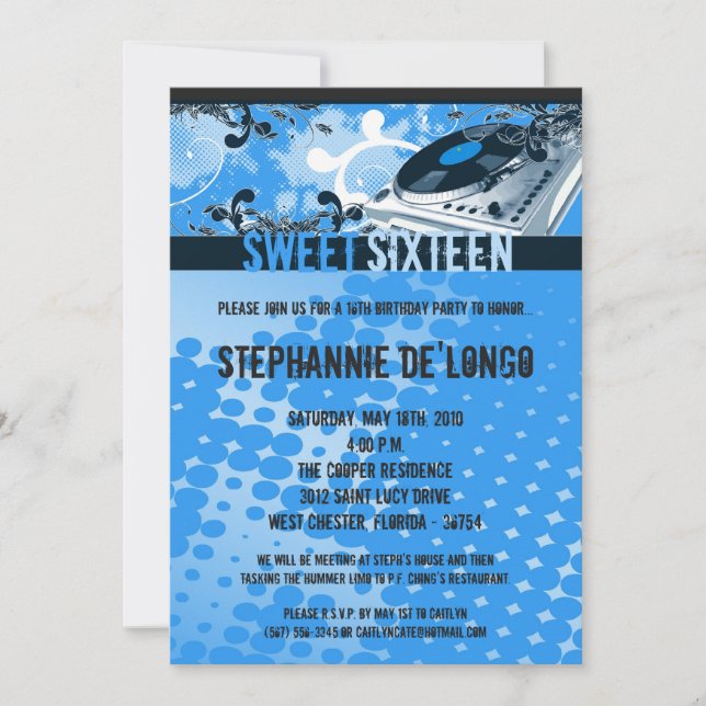 Invitation 5x7 DJ bleu tournent l'invitation d'anniversaire (Devant)