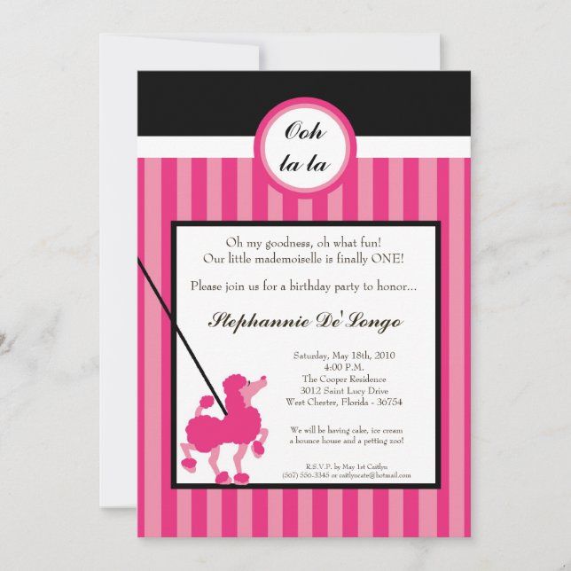 Invitation 5x7 Girl Pink Poodle Paris Anniversaire Par Invita (Devant)