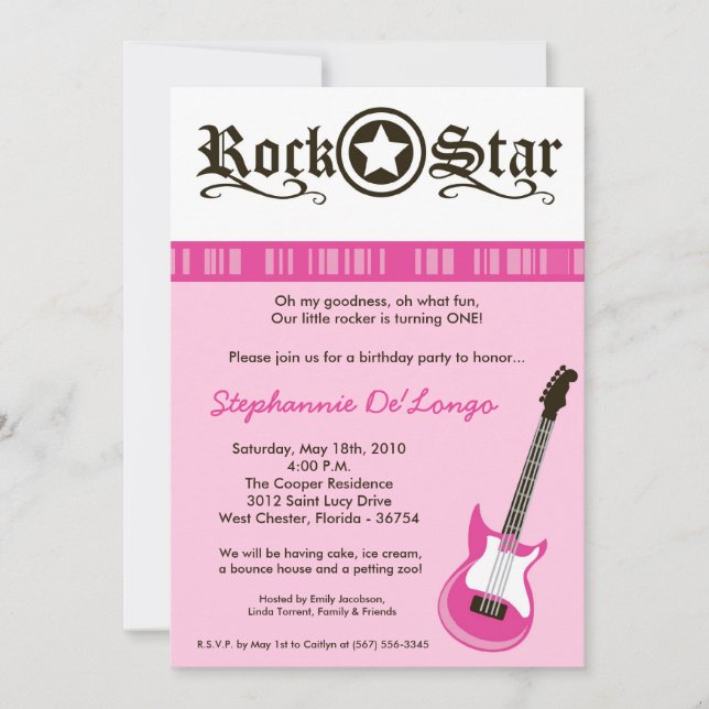 Invitation 5x7 Girl Rose Rock Guitare Anniversaire Partie Inv (Devant)