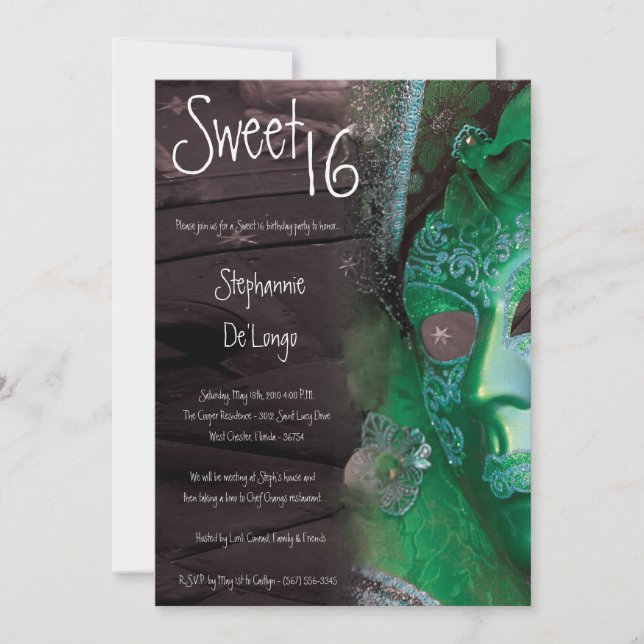 Invitation 5x7 Green Masquerade Sweet 16 Anniversaire Invitat (Devant)