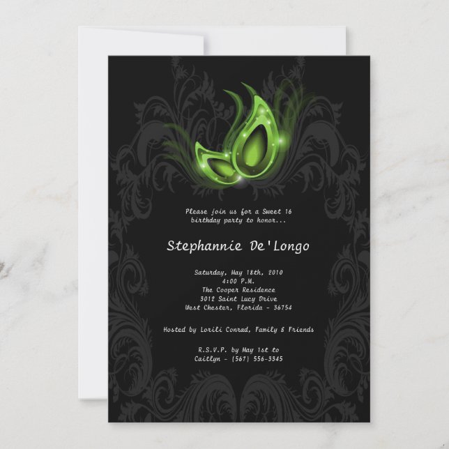 Invitation 5x7 Green Masquerade Sweet 16 Anniversaire Invitat (Devant)