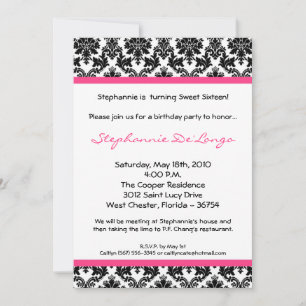 Invitation 5x7 Hot Pink Blac Damask Anniversaire de fête