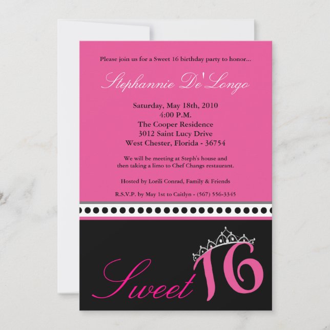 Invitation 5x7 Hot Pink Tiara Sweet 16 Anniversaire Invitatio (Devant)