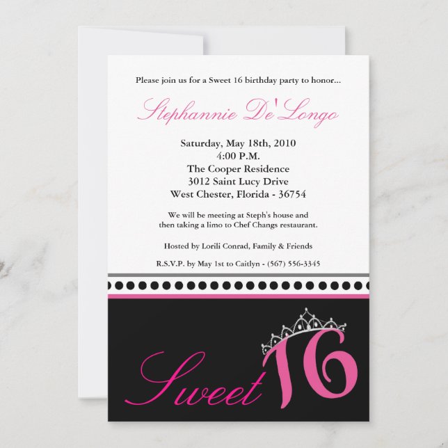 Invitation 5x7 Hot rose Tiara Sweet 16 Anniversaire Invitatio (Devant)