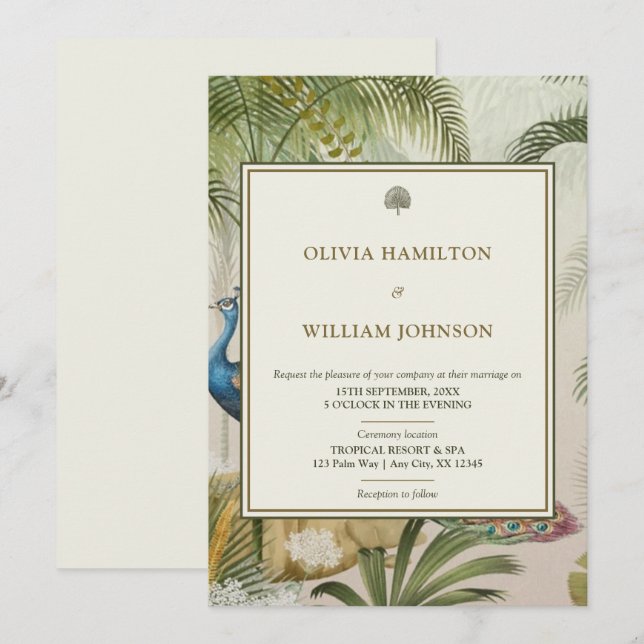 Invitation 5x7 ivoire Tropical Peacock Palm Mariage (Devant / Derrière)
