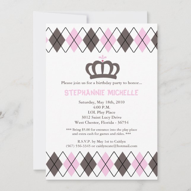 Invitation 5x7 Jacquard rose Couronne Anniversaire Fête Invit (Devant)
