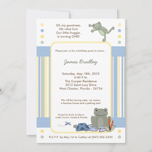 Invitation 5x7 Leap Frog Turtle Bee Anniversaire Fête Invitat (Devant)