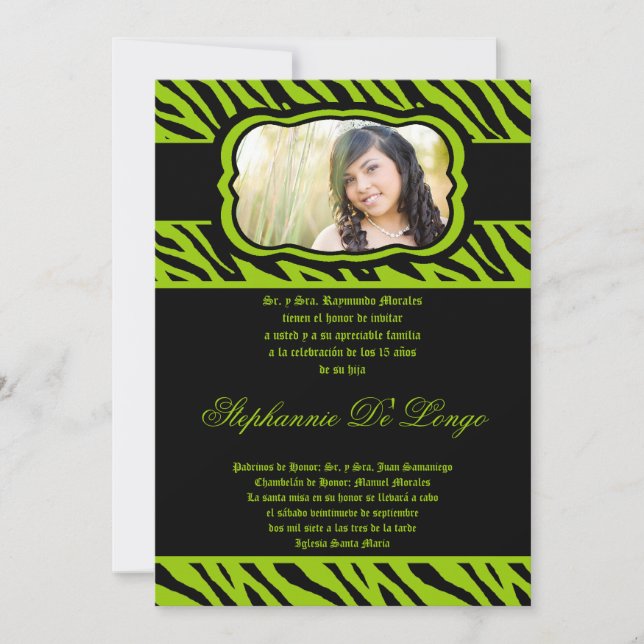 Invitation 5x7 Lime Green Zebra Imprimer Quinceanera Invitati (Devant)
