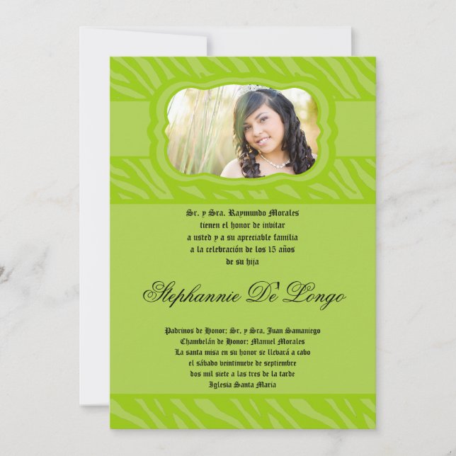 Invitation 5x7 Lime Zebra Imprimer Patter Quinceanera Invitat (Devant)