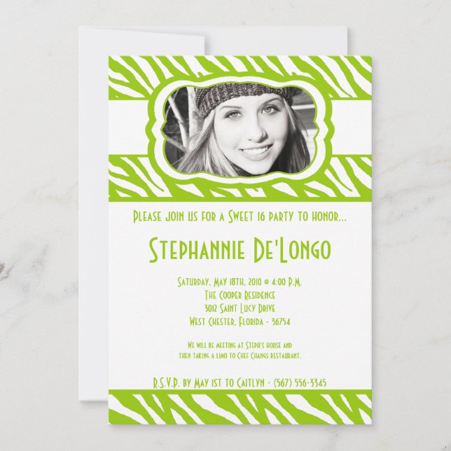 Invitation 5x7 Lime Zebra PHOTO Sweet 16 Anniversaire Invitat (Devant)