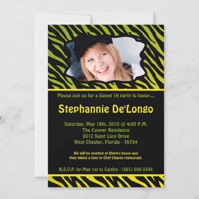 Invitation 5x7 Lime Zebra PHOTO Sweet 16 Anniversaire Invitat (Devant)