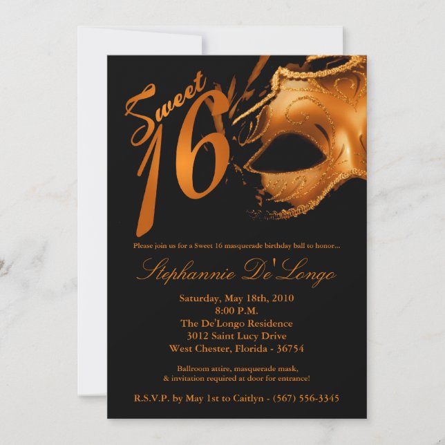 Invitation 5x7 Masquerade Mask Sweet 16 Anniversaire Invitati (Devant)