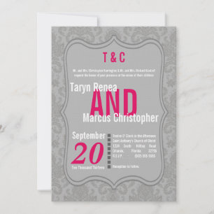 Invitation 5x7 Modern Grey Hot Pink Mariage damassé Invitatio
