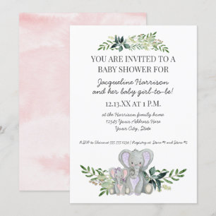 Invitation 5x7 Mommy Baby Elephant Foliage Blush Rose Douche